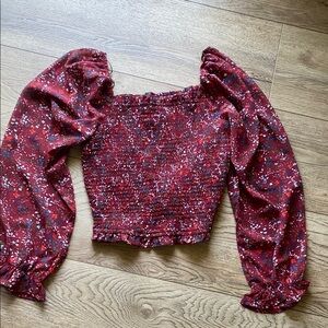Soprano Red and Pink Smocked Puff Sleeve Bluse